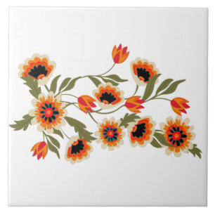 Folk Art Floral Muster Red Orange Green Botanic Fliese