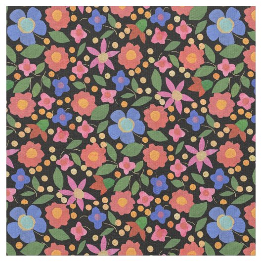 Folk Art Floral on Black Custom Fabric Stoff (Nahaufnahme)