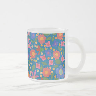Folk Art Floral on Blue Glass Coffee Tasse