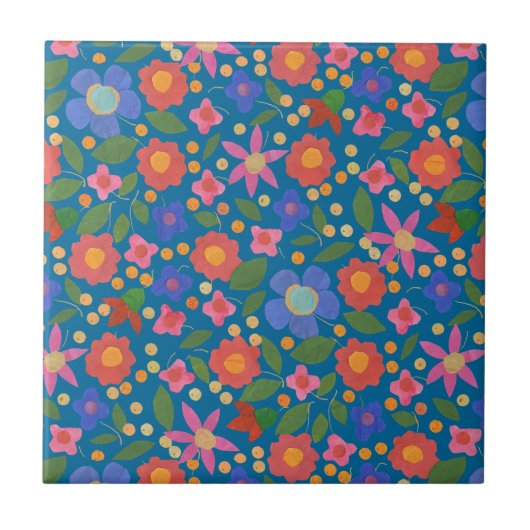 Folk Art Floral on Blue Keramik Tile Fliese (Vorderseite)