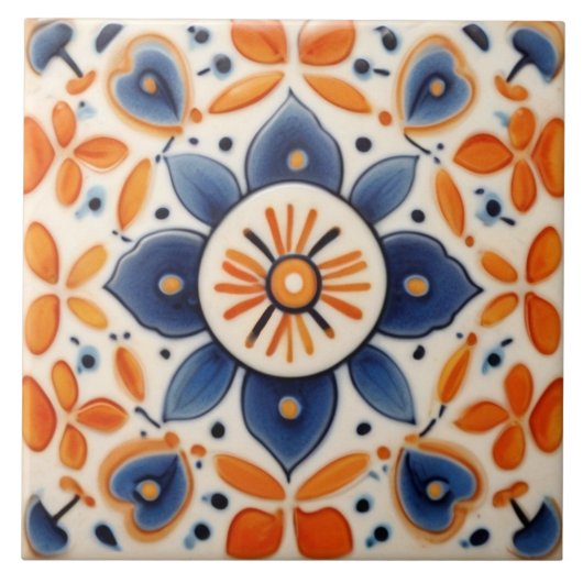 Folk Art Floral Orange & Blue Blume Fliese (Vorderseite)