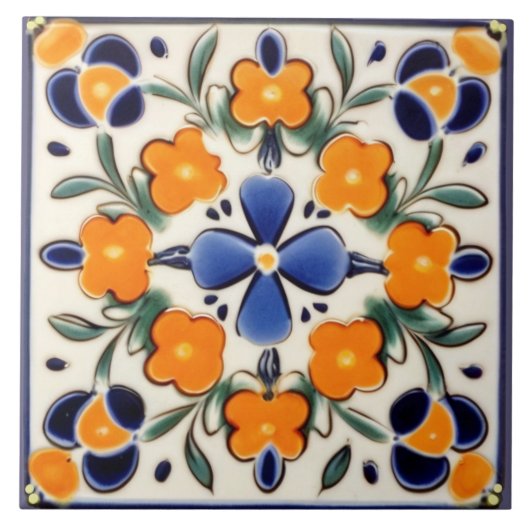 Folk Art Floral Orange & Blue Blumen Fliese (Vorderseite)