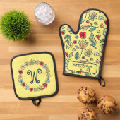 Folk Art Floral Pastete auf hellgelb Ofenhandschuh & Topflappen-Set (Oben Unten)