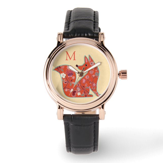 Folk Art Flower Pattern Fox Monogram Armbanduhr (Vorderseite)