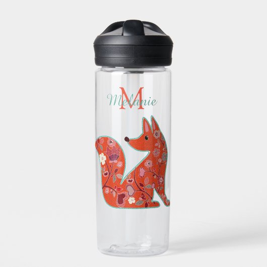 Folk Art Flower Pattern Fox Personalised Trinkflasche (Vorderseite)