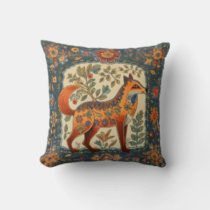 Folk Art Fox und Blume Aquamarin Blue Creme Kissen