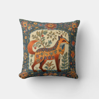 Folk Art Fox und Blume Aquamarin Blue Creme Kissen