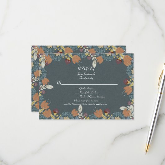 Folk Art Frame in Blue Brown Tan RSVP Karte (Vorderseite/Rückseite Beispiel)