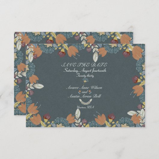 Folk Art Frame in Blue Brown Tan Save The Date (Vorne/Hinten)