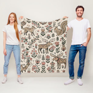 Folk-Art-Fuchs-Eichhörnchen-Elch-Wald-Musterdecke Fleecedecke