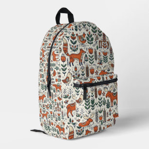 Folk-Art-Fuchs-Elch-Rotkehlchen-Nordischer-Wald-Ru Bedruckter Rucksack