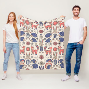 Folk-Art-Fuchs-Hase-Igel-Wald-Decke Fleecedecke