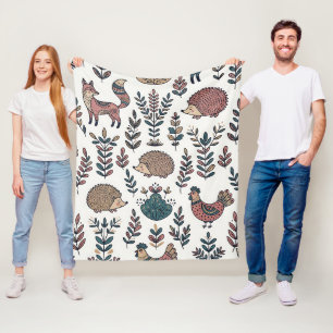 Folk-Art-Fuchs-Igel-Henne-Nordischer-Wald-Decke Fleecedecke