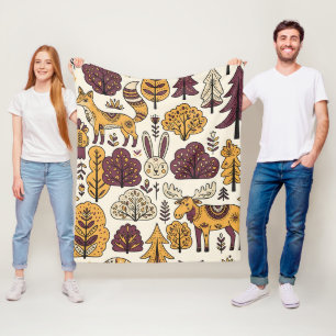 Folk-Art-Fuchs-und-Hasen-Elch-Nordic-Wald-Decke Fleecedecke