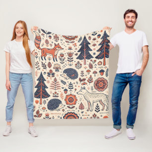 Folk-Art-Fuchs-und-Igel-Nordic-Walddecke Fleecedecke