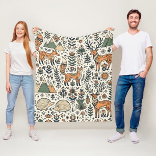 Folk-Art-Fuchs-Wild-Deer-Igel-nordische-Walddecke Fleecedecke