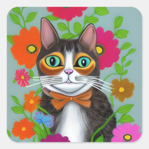 Folk Art Funny Cat mit roten Blume Quadratischer Aufkleber