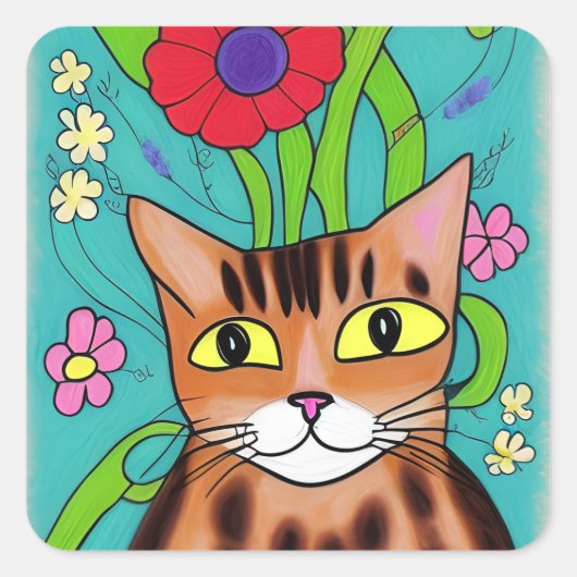 Folk Art Funny Cat mit roter Blume Quadratischer Aufkleber (Vorderseite)