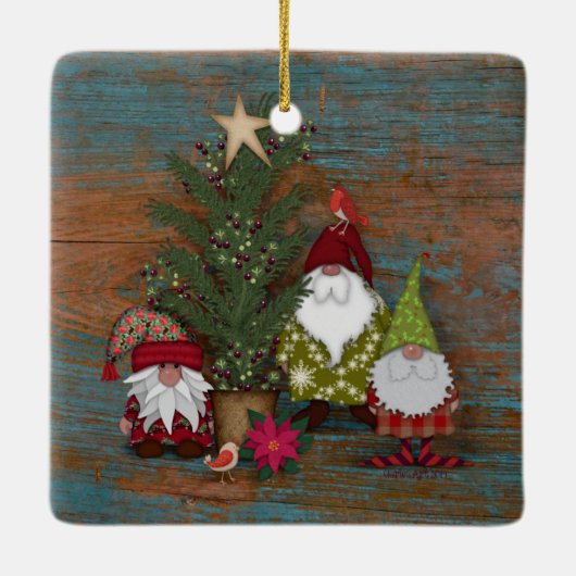 Folk Art Gnomes | Weihnachtsbaum Keramikornament (Rückseite)