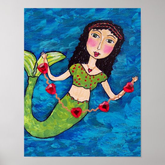 Folk Art Green Mermaid String von Red Hearts Poster (Vorne)