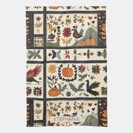 Folk Art Herbst Quilt Muster | Rustikale Ernte Geschirrtuch (Vertikal)