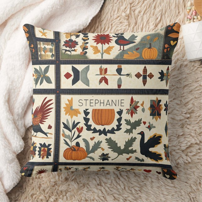 Folk Art Herbst Quilt Muster | Rustikale Ernte Kissen (Decke)