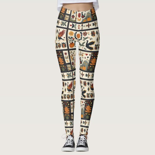 Folk Art Herbst Quilt Muster | Rustikale Ernte Leggings (Vorderseite)