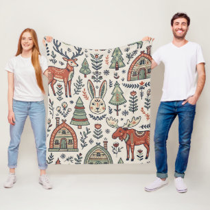 Folk-Art-Hirsch-Kaninchen-Elch-Nordischer-Wald-Dec Fleecedecke