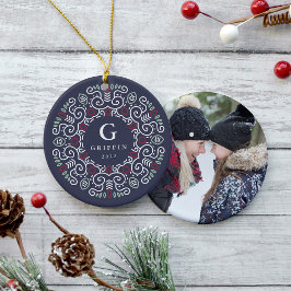 Folk Art Holiday Monogram & Foto Doppelseitig Keramikornament