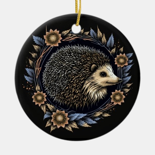 Folk Art Igel im Kraut der Blauen Blumen Keramik Ornament (Vorne)