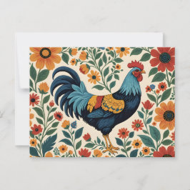 Folk Art Indigo Rooster Postkarte
