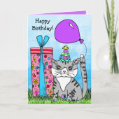 Folk Art Kitty Cat Happy Birthday Karte (Vorderseite)
