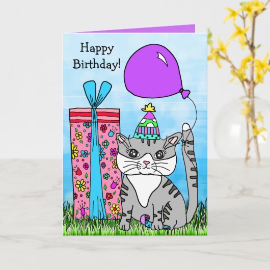 Folk Art Kitty Cat Happy Birthday Karte (Gelbe Blume)