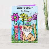 Folk Art Kitty Cat und farbenfrohe Blume Karte (Vorderseite)