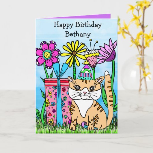 Folk Art Kitty Cat und farbenfrohe Blume Karte (Gelbe Blume)