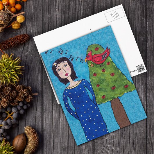 Folk Art Lady Apple Tree Red Bird Musical Notes Postkarte