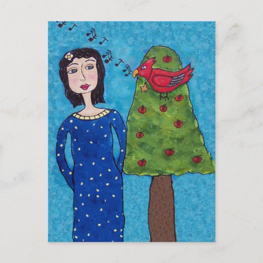Folk Art Lady Apple Tree Red Bird Musical Notes Postkarte (Vorderseite)