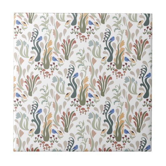 Folk Art Meadow & Blue Bird in Earth Tones Fliese (Vorderseite)