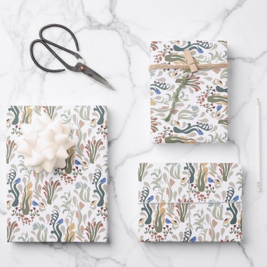 Folk Art Meadow & Blue Bird in Earth Tones Geschenkpapier Set (Vorderseite)