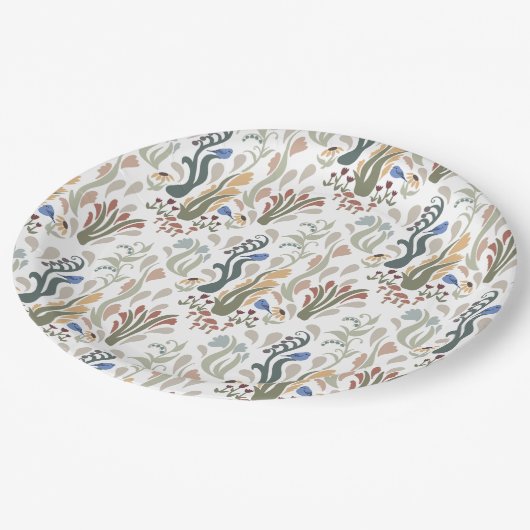 Folk Art Meadow & Blue Bird in Earth Tones Pappteller (Schrägansicht)