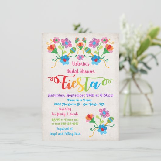 Folk Art Mexican Fiesta Bridal Dusche Einladung (Stehend Vorderseite)