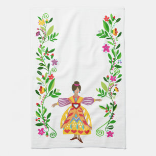 Folk Art Mexican Style Flower Garden Girl Geschirrtuch