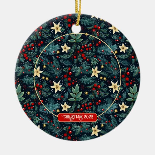 Folk Art Mistletoe Holly Berries Weihnachtsfest Fo Keramik Ornament (Vorne)