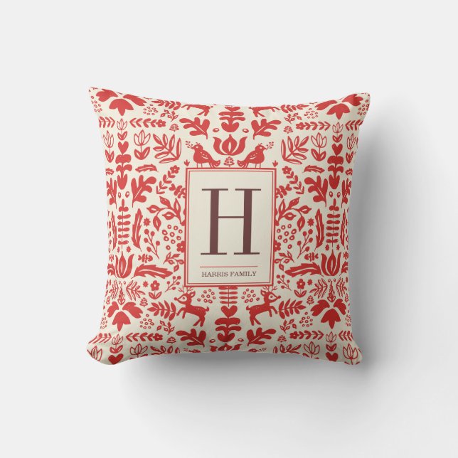 Folk Art Monogram Holiday Throw Kissen (Vorderseite)