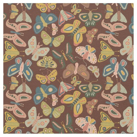 Folk Art Moths Schmetterlinge Pink Blue Brown Stoff (Nahaufnahme)