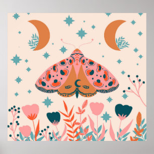 Folk Art Moths: Vintage Illustration Poster