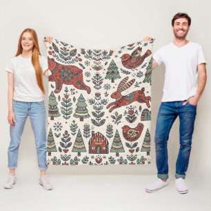 Folk Art Nordic Bär & Hase Wald Musterdecke Fleecedecke