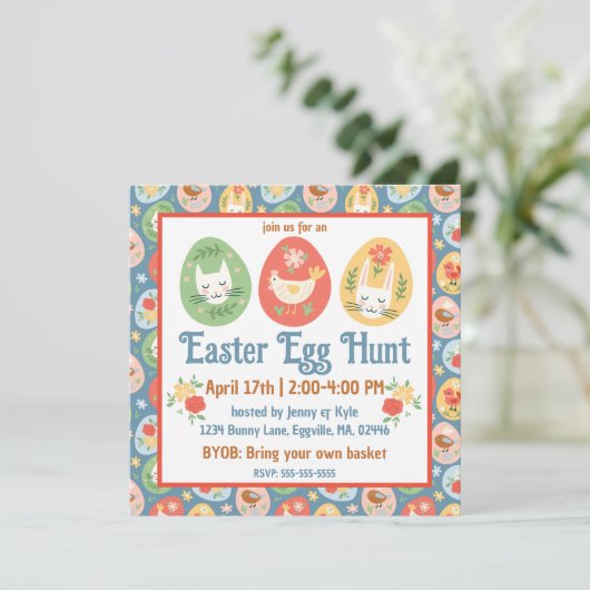 Folk Art Ostereierkatze, Bunny, Kick Oster Einladung (Stehend Vorderseite)