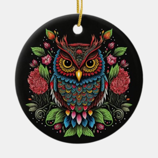 Folk Art Owl Keramik Ornament (Vorne)