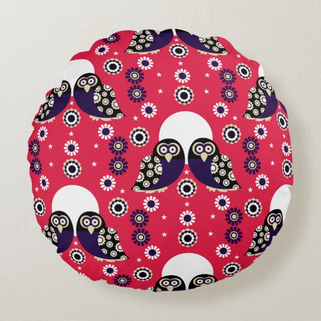 Folk Art Owl Rundes Kissen (Vorderseite)